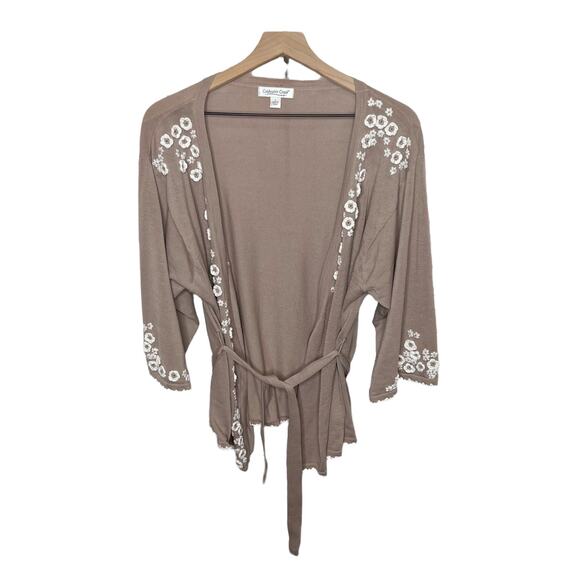 COLDWATER CREEK Women's Cotton Sweater Cardigan Taupe Tan Floral Appliqué Large - Picture 1 of 14